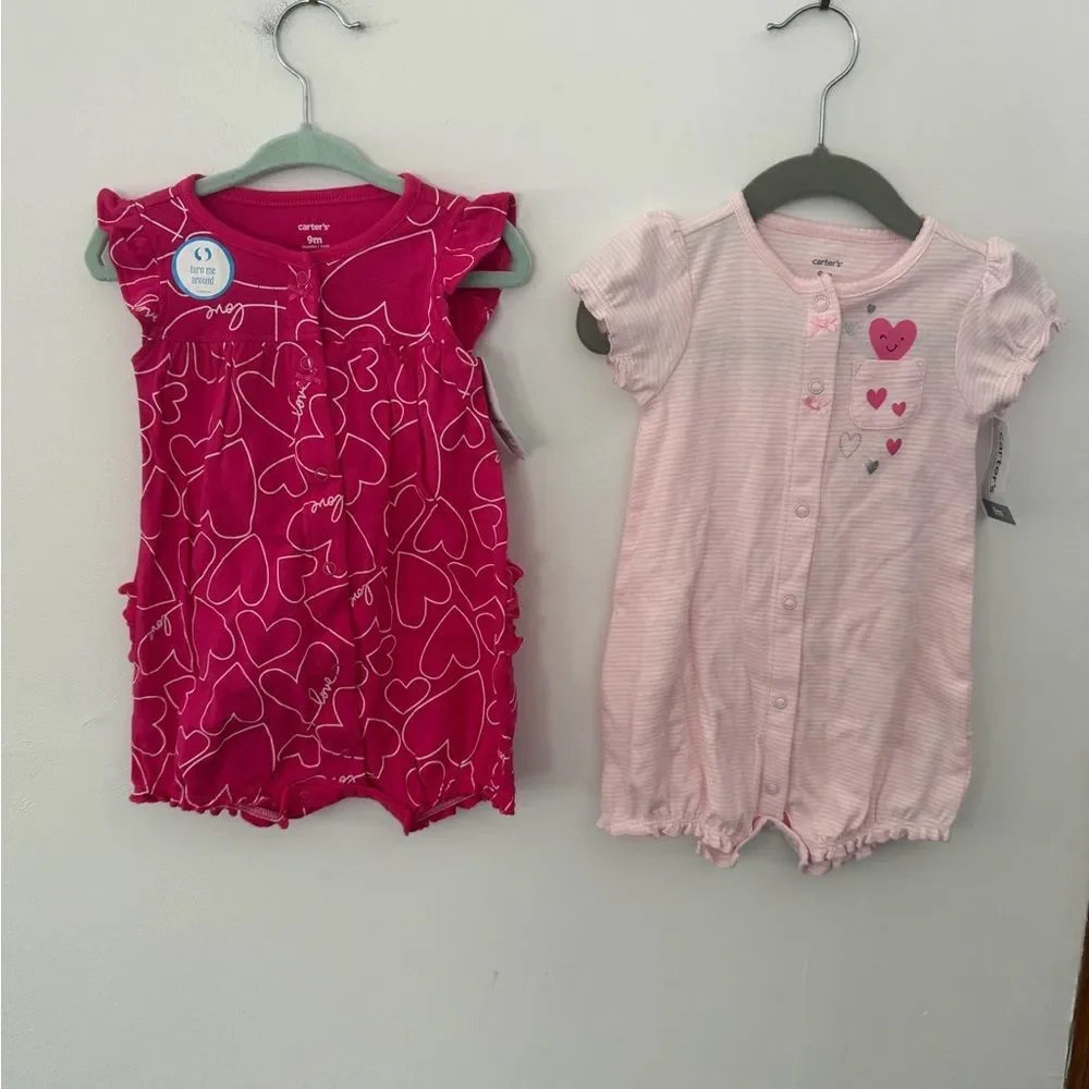 Carter's Pink Heart Matching rompers size 9M new with tags
